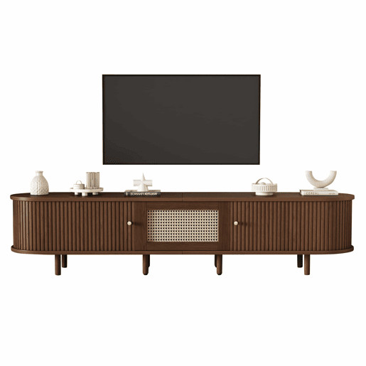 Móvel de TV ovalado 180 cm - Design em rattan, MDF, pés ajustáveis, capacidade para 30 kg - Nogueira escura