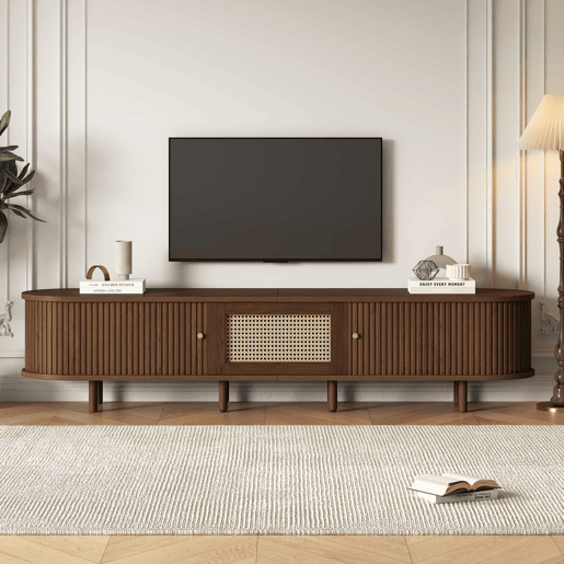 Móvel de TV ovalado 180 cm - Design em rattan, MDF, pés ajustáveis, capacidade para 30 kg - Nogueira escura