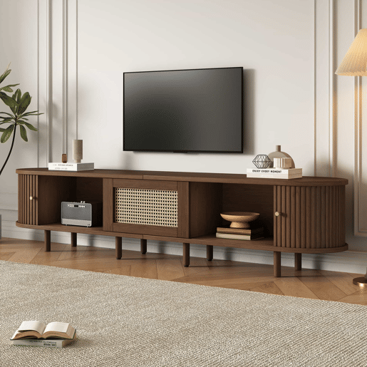 Móvel de TV ovalado 180 cm - Design em rattan, MDF, pés ajustáveis, capacidade para 30 kg - Nogueira escura