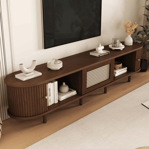 Móvel de TV ovalado 180 cm - Design em rattan, MDF, pés ajustáveis, capacidade para 30 kg - Nogueira escura