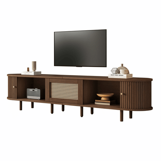 Móvel de TV ovalado 180 cm - Design em rattan, MDF, pés ajustáveis, capacidade para 30 kg - Nogueira escura