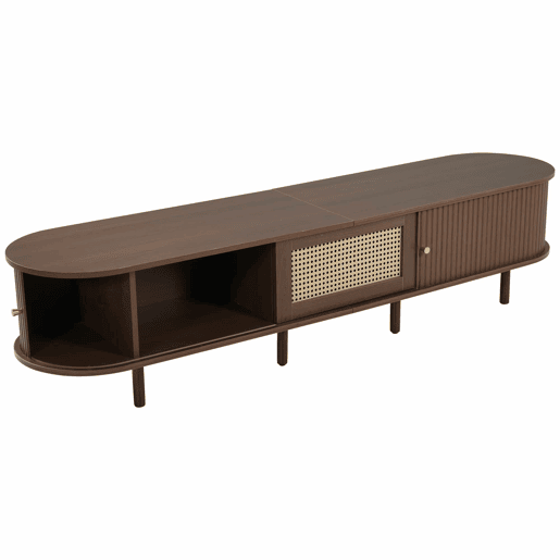 Móvel de TV ovalado 180 cm - Design em rattan, MDF, pés ajustáveis, capacidade para 30 kg - Nogueira escura