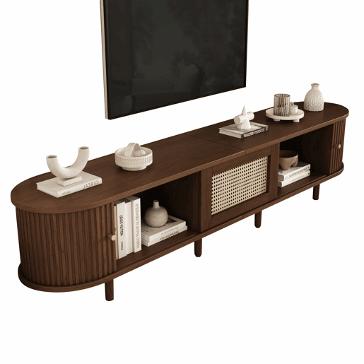 Móvel de TV ovalado 180 cm - Design em rattan, MDF, pés ajustáveis, capacidade para 30 kg - Nogueira escura