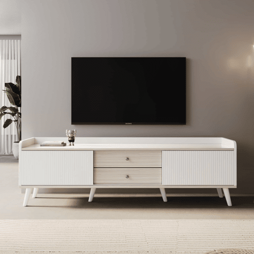 Móvel de TV 160 cm - Com duas gavetas, duas portas de correr, superfície baixa - Branco