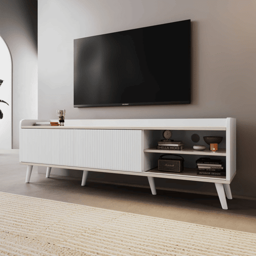 Móvel de TV 160 cm - Com duas gavetas, duas portas de correr, superfície baixa - Branco