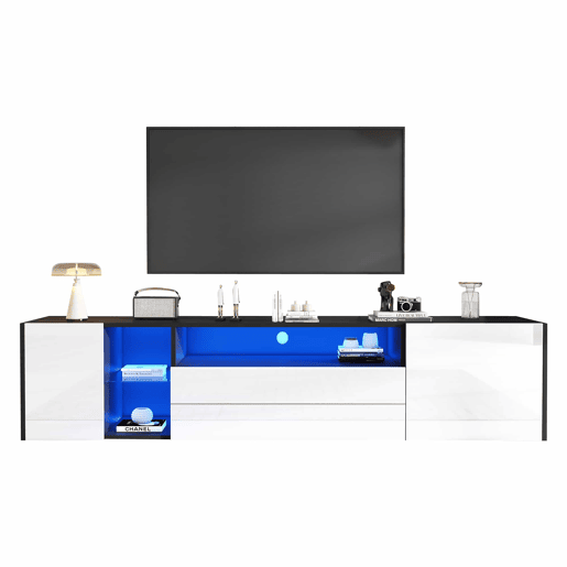 Móvel de TV 180x40x45 cm - TV Lowboard com LED, 2 gavetas e 2 armários - Branco e Preto