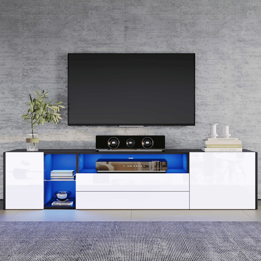 Móvel de TV 180x40x45 cm - TV Lowboard com LED, 2 gavetas e 2 armários - Branco e Preto