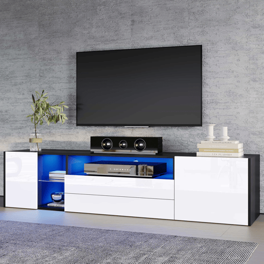 Móvel de TV 180x40x45 cm - TV Lowboard com LED, 2 gavetas e 2 armários - Branco e Preto