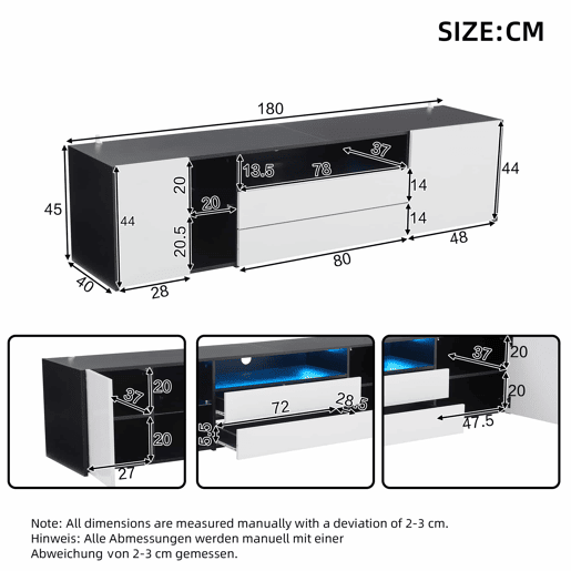 Móvel de TV 180x40x45 cm - TV Lowboard com LED, 2 gavetas e 2 armários - Branco e Preto