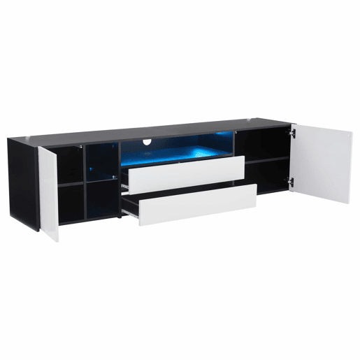 Móvel de TV 180x40x45 cm - TV Lowboard com LED, 2 gavetas e 2 armários - Branco e Preto