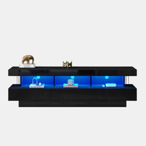 Armário TV com LED 160 cm - 3 compartimentos de vidro - Controlado por APP - Adequado para TV de 70u201D - Preto