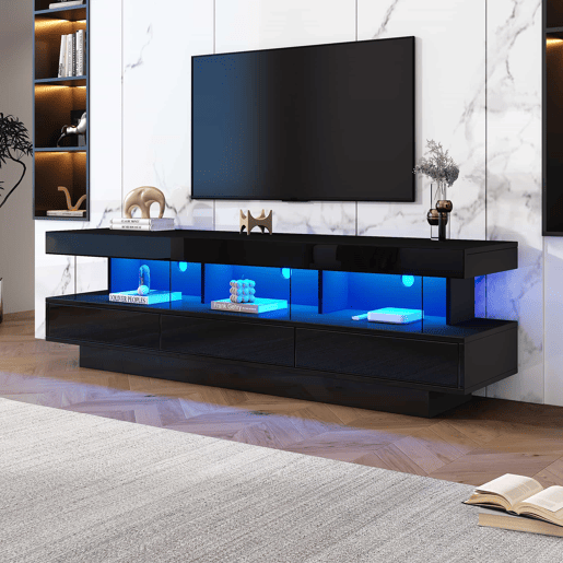 Armário TV com LED 160 cm - 3 compartimentos de vidro - Controlado por APP - Adequado para TV de 70u201D - Preto Armário TV com LED 160 cm - 3 compartimentos de vidro - Controlado por APP - Adequado para TV de 70u201D - Preto