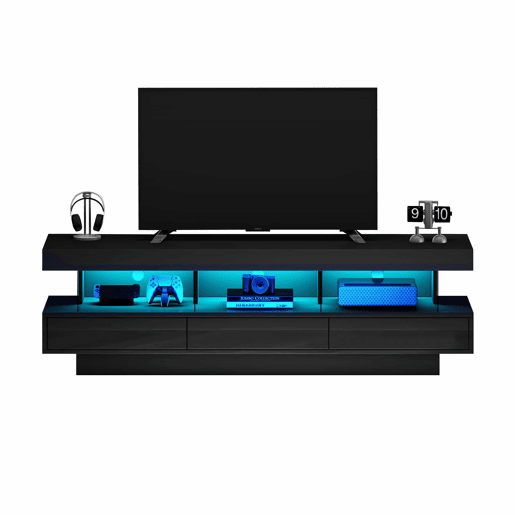 Armário TV com LED 160 cm - 3 compartimentos de vidro - Controlado por APP - Adequado para TV de 70u201D - Preto Armário TV com LED 160 cm - 3 compartimentos de vidro - Controlado por APP - Adequado para TV de 70u201D - Preto