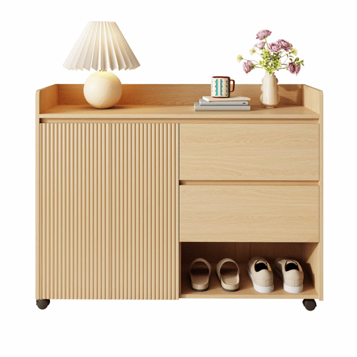 Sapateiro móvel 110x35x86 cm - Com rodas universais com travão, prateleiras ajustáveis, dobradiça amortecida - Natural