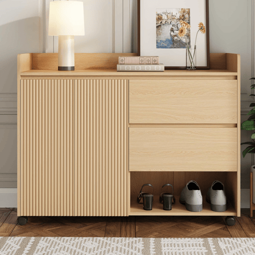 Sapateiro móvel 110x35x86 cm - Com rodas universais com travão, prateleiras ajustáveis, dobradiça amortecida - Natural