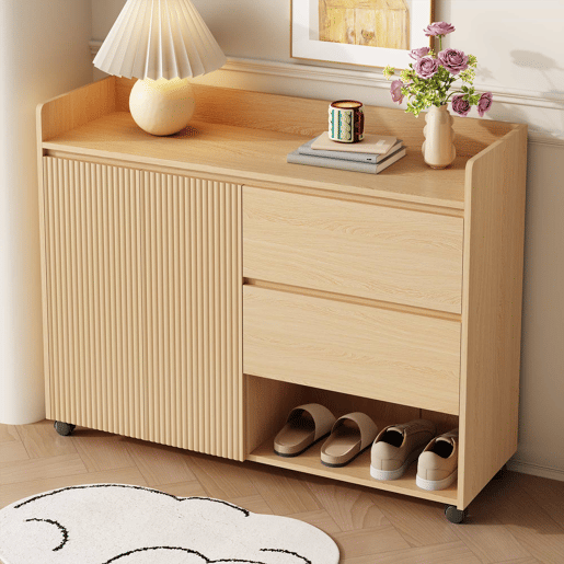 Sapateiro móvel 110x35x86 cm - Com rodas universais com travão, prateleiras ajustáveis, dobradiça amortecida - Natural