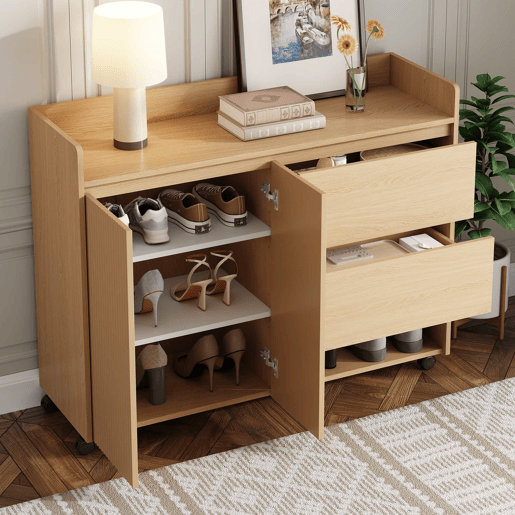 Sapateiro móvel 110x35x86 cm - Com rodas universais com travão, prateleiras ajustáveis, dobradiça amortecida - Natural