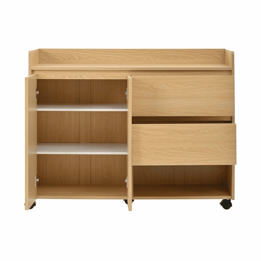 Sapateiro móvel 110x35x86 cm - Com rodas universais com travão, prateleiras ajustáveis, dobradiça amortecida - Natural