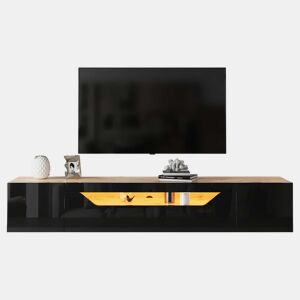 Móvel de TV 180x37x36 cm - Lowboard com 3 compartimentos, armário suspenso com LED, TV para 75u201D - Preto + Madeira Natural