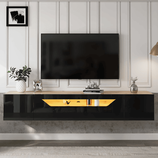 Móvel de TV 180x37x36 cm - Lowboard com 3 compartimentos, armário suspenso com LED, TV para 75u201D - Preto + Madeira Natural