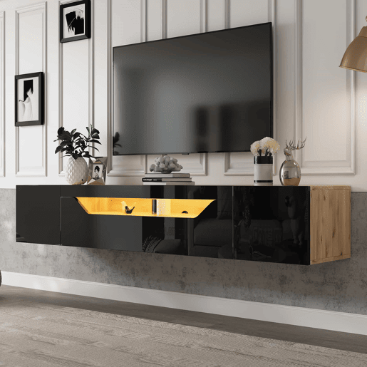 Móvel de TV 180x37x36 cm - Lowboard com 3 compartimentos, armário suspenso com LED, TV para 75u201D - Preto + Madeira Natural