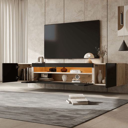 Móvel de TV 180x37x36 cm - Lowboard com 3 compartimentos, armário suspenso com LED, TV para 75u201D - Preto + Madeira Natural