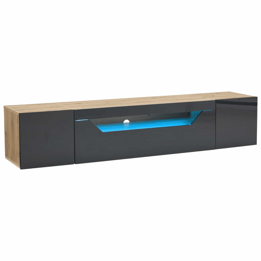Móvel de TV 180x37x36 cm - Lowboard com 3 compartimentos, armário suspenso com LED, TV para 75u201D - Preto + Madeira Natural