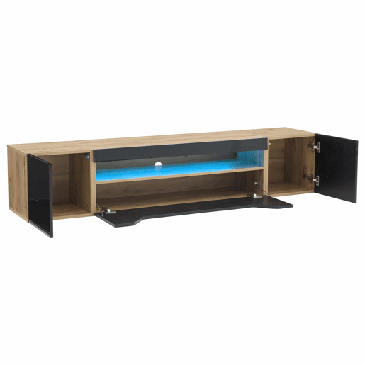 Móvel de TV 180x37x36 cm - Lowboard com 3 compartimentos, armário suspenso com LED, TV para 75u201D - Preto + Madeira Natural