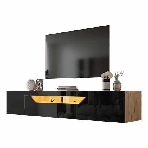 Móvel de TV 180x37x36 cm - Lowboard com 3 compartimentos, armário suspenso com LED, TV para 75u201D - Preto + Madeira Natural