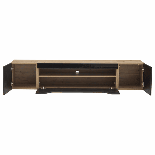 Móvel de TV 180x37x36 cm - Lowboard com 3 compartimentos, armário suspenso com LED, TV para 75u201D - Preto + Madeira Natural