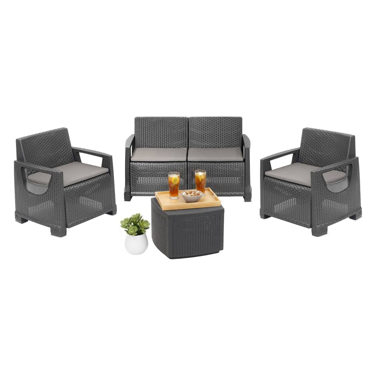 Conjunto de salón de exterior 4 plazas en plástico Negro