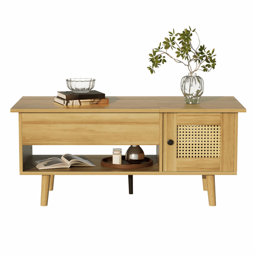 Mesa de centro elegante - Superfície elevável, portas em rattan, cor madeira com detalhes em preto - Ideal para sala de estar