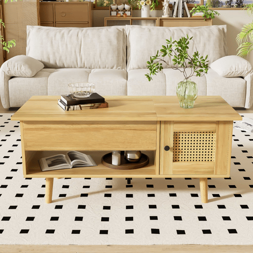 Mesa de centro elegante - Superfície elevável, portas em rattan, cor madeira com detalhes em preto - Ideal para sala de estar