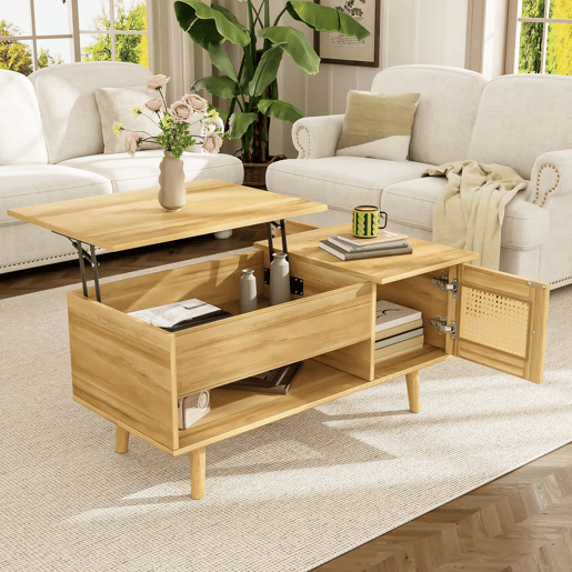 Mesa de centro elegante - Superfície elevável, portas em rattan, cor madeira com detalhes em preto - Ideal para sala de estar
