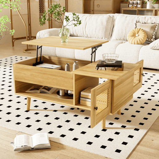 Mesa de centro elegante - Superfície elevável, portas em rattan, cor madeira com detalhes em preto - Ideal para sala de estar
