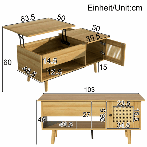 Mesa de centro elegante - Superfície elevável, portas em rattan, cor madeira com detalhes em preto - Ideal para sala de estar