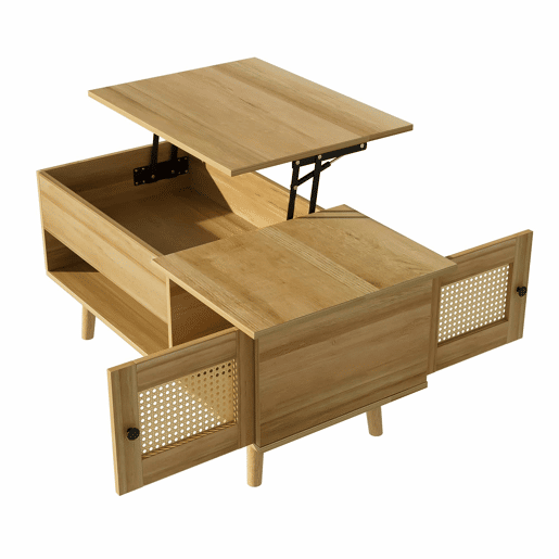 Mesa de centro elegante - Superfície elevável, portas em rattan, cor madeira com detalhes em preto - Ideal para sala de estar
