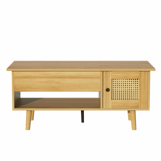Mesa de centro elegante - Superfície elevável, portas em rattan, cor madeira com detalhes em preto - Ideal para sala de estar
