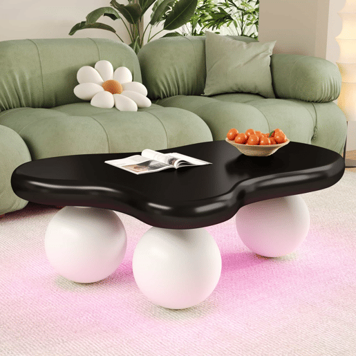 Mesa de centro estilo nuvens - Design com iluminação LED, formato de nuvem, pernas redondas, ideal para salas modernas e quartos infantis - Preto e Branco