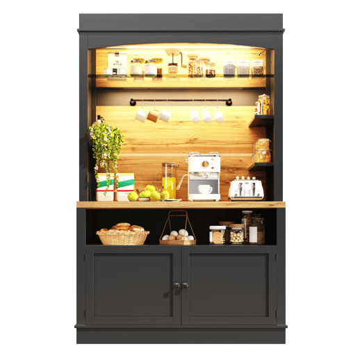 Armário de cozinha alto 107x43x184 cm - vitrina com LED e prateleiras abertas - preto