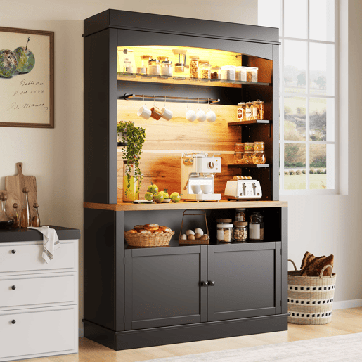 Armário de cozinha alto 107x43x184 cm - vitrina com LED e prateleiras abertas - preto