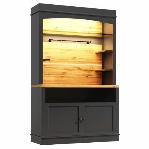 Armário de cozinha alto 107x43x184 cm - vitrina com LED e prateleiras abertas - preto