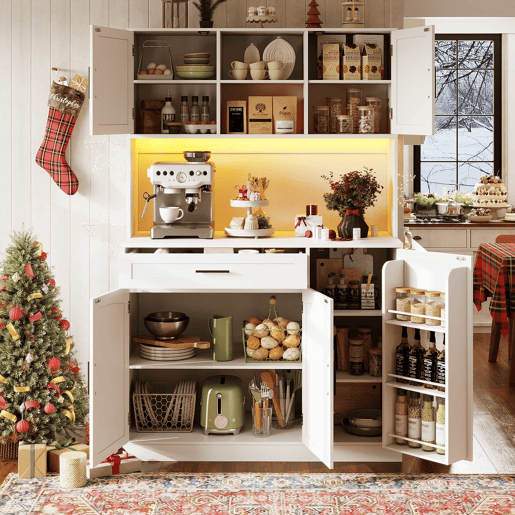Armário lateral 110x38x180 cm - Estilo rústico, 5 portas, com LED e tomada - Branco Armário lateral 110x38x180 cm - Estilo rústico, 5 portas, com LED e tomada - Branco