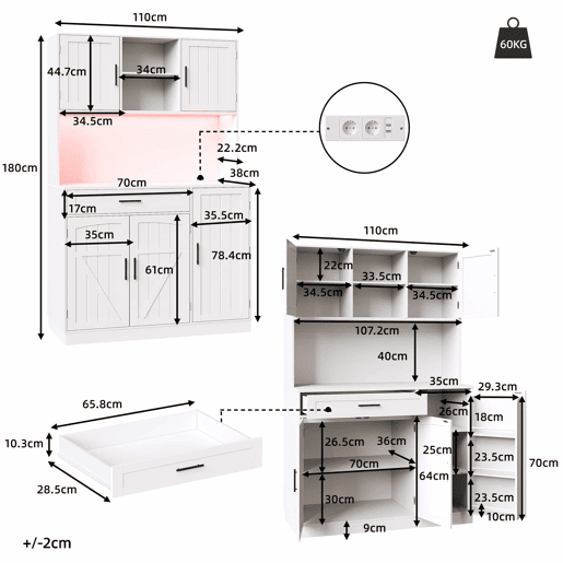 Armário lateral 110x38x180 cm - Estilo rústico, 5 portas, com LED e tomada - Branco Armário lateral 110x38x180 cm - Estilo rústico, 5 portas, com LED e tomada - Branco