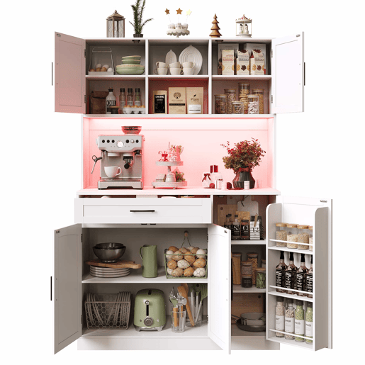 Armário lateral 110x38x180 cm - Estilo rústico, 5 portas, com LED e tomada - Branco Armário lateral 110x38x180 cm - Estilo rústico, 5 portas, com LED e tomada - Branco