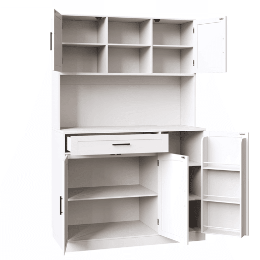 Armário lateral 110x38x180 cm - Estilo rústico, 5 portas, com LED e tomada - Branco Armário lateral 110x38x180 cm - Estilo rústico, 5 portas, com LED e tomada - Branco