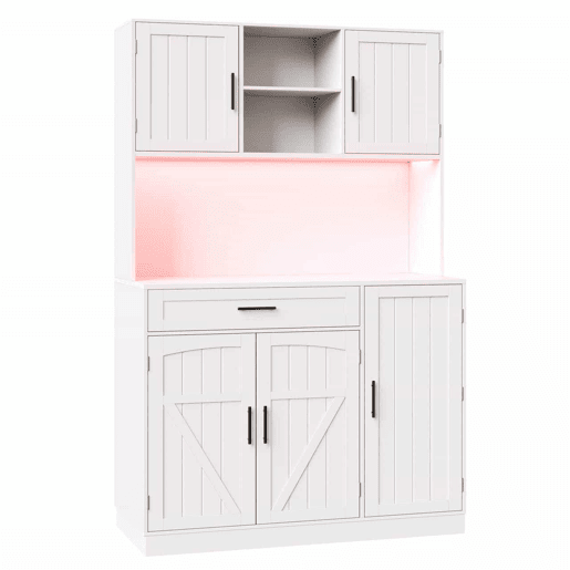 Armário lateral 110x38x180 cm - Estilo rústico, 5 portas, com LED e tomada - Branco Armário lateral 110x38x180 cm - Estilo rústico, 5 portas, com LED e tomada - Branco