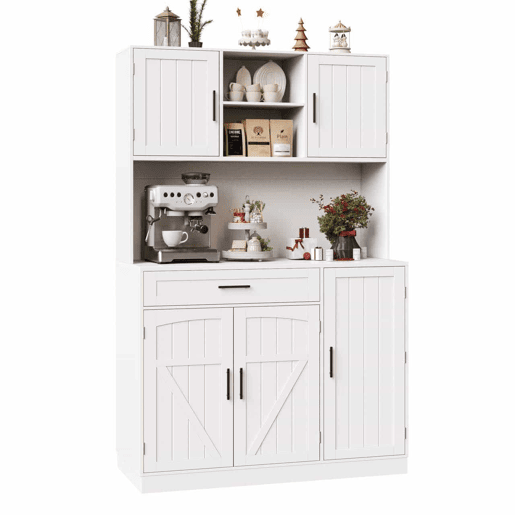 Armário lateral 110x38x180 cm - Estilo rústico, 5 portas, com LED e tomada - Branco Armário lateral 110x38x180 cm - Estilo rústico, 5 portas, com LED e tomada - Branco