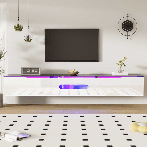 Móvel de TV 180 cm - Superfície brilhante, com iluminação LED de 16 cores, montável na parede - Preto, Branco