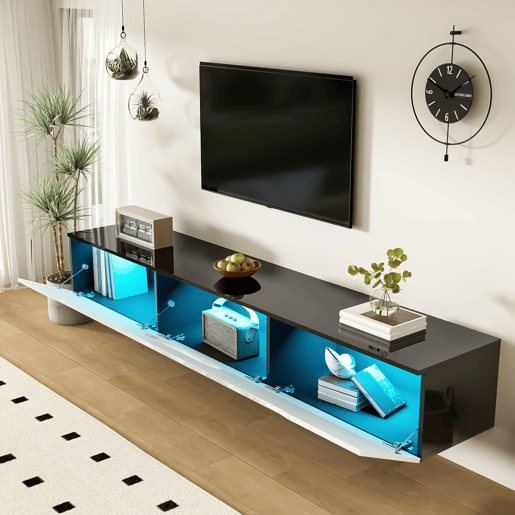 Móvel de TV 180 cm - Superfície brilhante, com iluminação LED de 16 cores, montável na parede - Preto, Branco